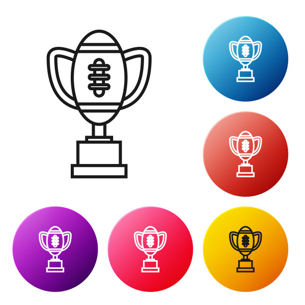 黑线奖杯和美国足球图标孤立在白色背景。冠军奖杯的象征。冠军或比赛奖杯。设置彩色圆形按钮图标。矢量图图片下载