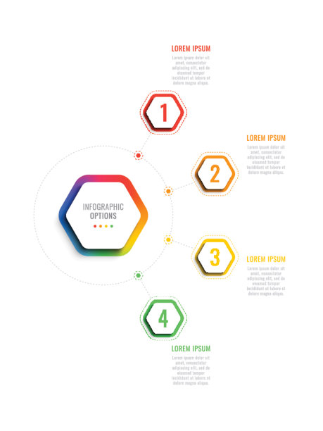 四步三维信息图表模板与六角形元素。业务流程模板与宣传册，图表，工作流，时间线，网页设计选项图片下载