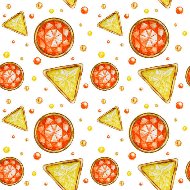 无缝图案水晶在一个黄金框架和珠宝珠子。手绘水彩黄色和橙色宝石钻石。色彩鲜艳，织物质地。白色背景剪贴簿图片下载