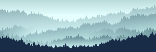 矢量插图的松林和山脉矢量背景。针叶林、冷杉的剪影和山中的雾景观。股票插图图片下载