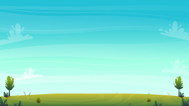 绿草如茵的草地草地，以公园或森林中的树木和花丛为风景背景，自然草坪生态和平矢量插画，森林自然快乐有趣的卡通风格景观图片下载