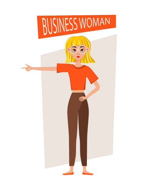 女商人工作人物设计集。女孩伸出了她的手和食指。矢量插图。图片下载