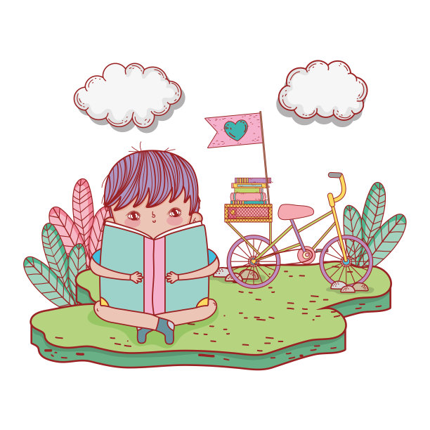 快乐的小男孩骑着自行车在田野里看书图片下载