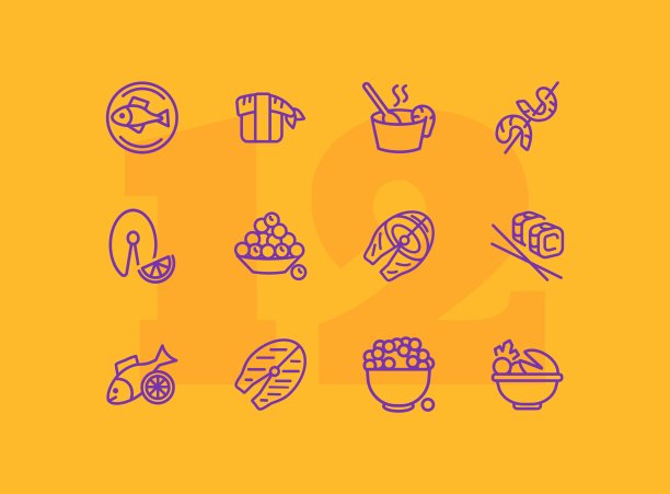 海鲜线图标设置。鲑鱼牛排,鱼子酱图片下载