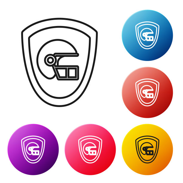 美式橄榄球头盔和盾牌图标，白色背景上，彩色圆圈按钮矢量图图片下载