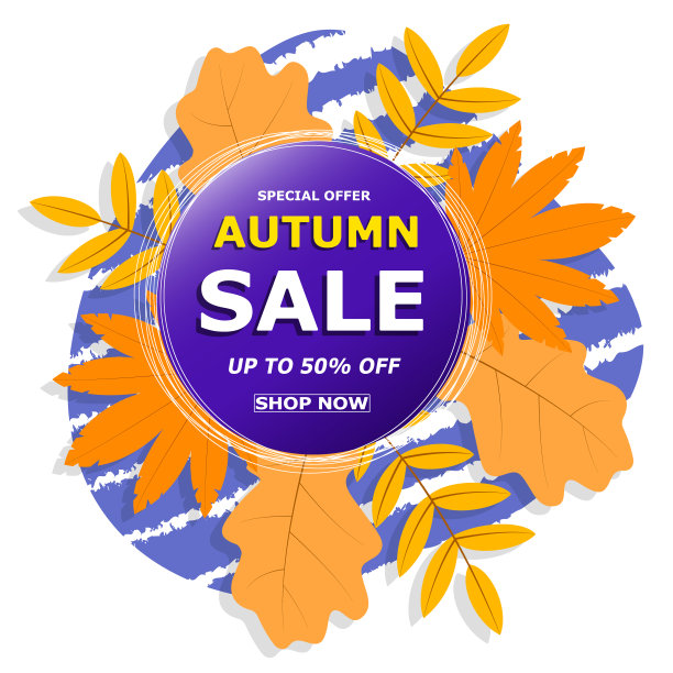 蓝色的秋天销售旗帜现代设计秋叶背景。促销徽章为您的季节性设计。图片下载