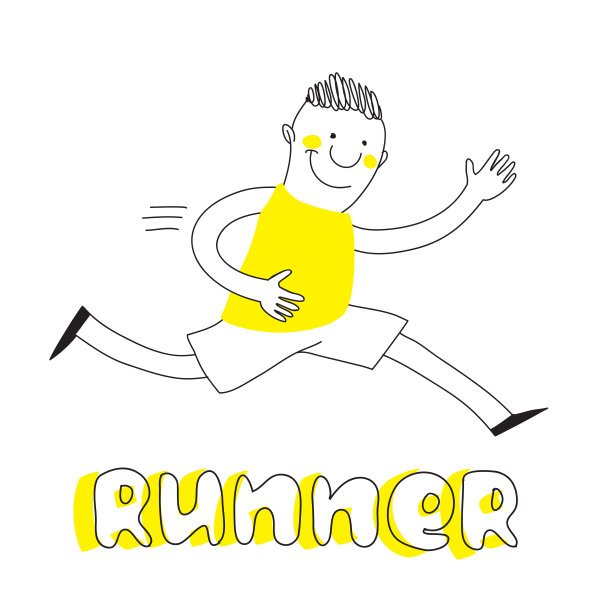 奔跑的男孩，矢量轮廓素描孤立在白色背景与字母标题。图片下载