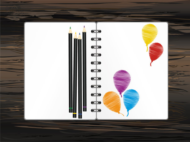 笔记本彩色气球手绘。牛奶和铅笔。节日贺卡。矢量木制背景。一个现实的记事本。办公文具。的笔记图片下载