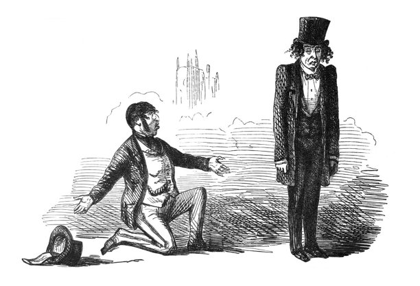 英国讽刺漫画漫画漫画插图-男人单膝跪地做一个案例，一个男人站在高顶帽和正装图片下载