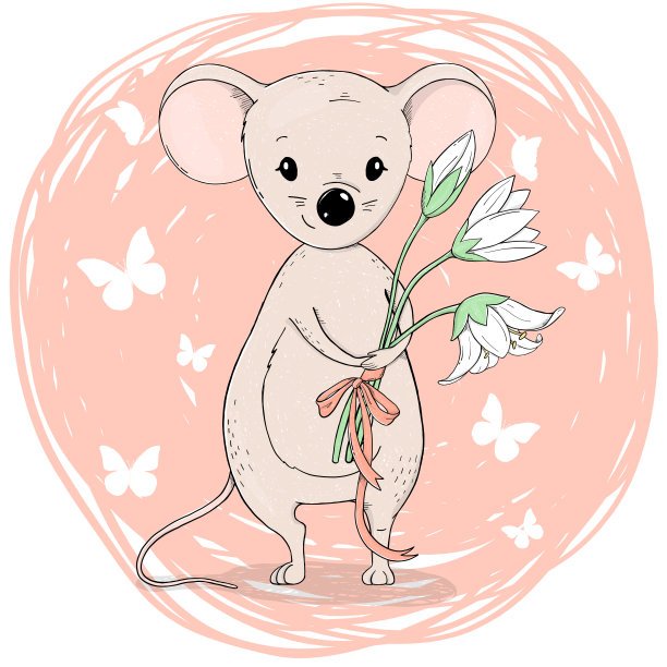 可爱的老鼠与花束在粉红色的背景。图片下载