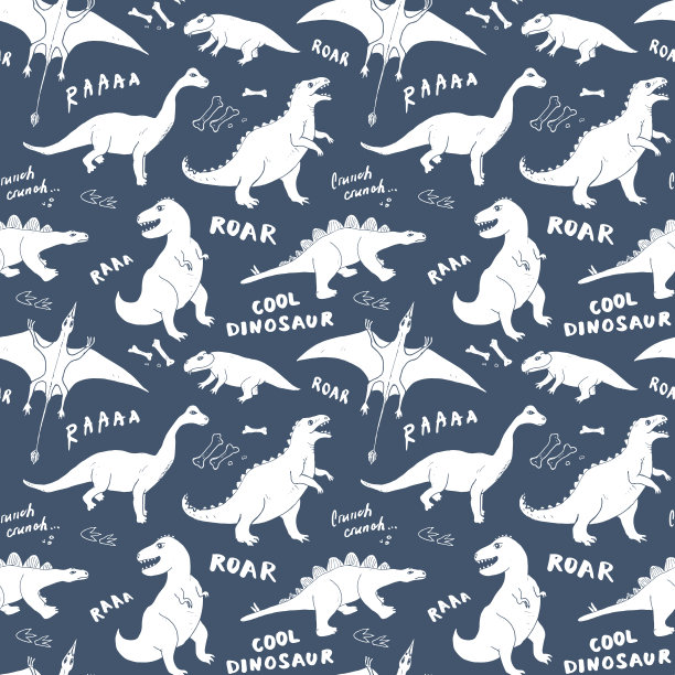 恐龙无缝模式，可爱的卡通手绘恐龙涂鸦矢量插图图片下载