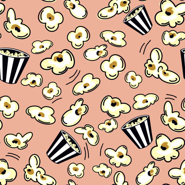 图案无缝条纹盒容器与美味的爆米花在彩色的背景。图片下载