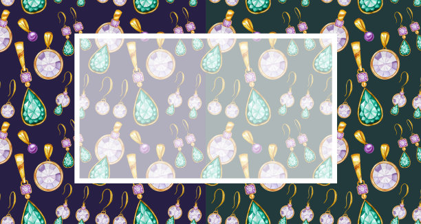 贺卡或名片概念与复制空间的文本。水晶在一个黄金框架图案背景。手绘鲜艳的颜色，水彩宝石钻石。图片下载