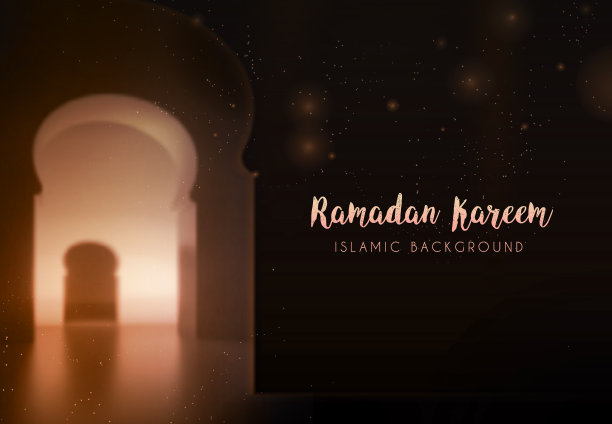 斋月卡里姆伊斯兰节日。贺卡。模糊背景上的灯呈拱形。以散景拱门为室内背景。名片设计模板。传统阿拉伯海报卡片对象图片下载