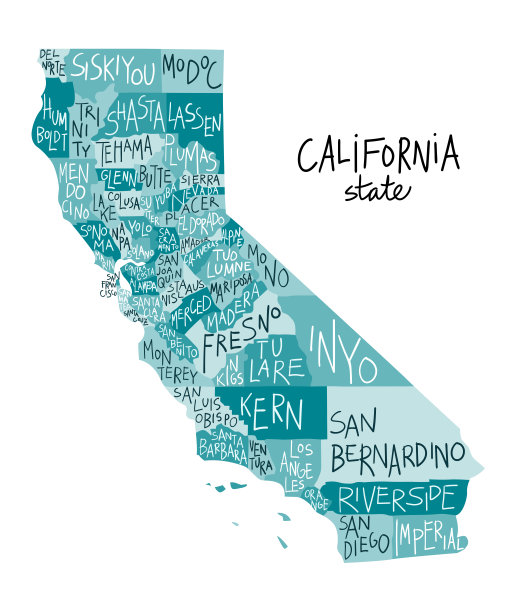 美国加利福尼亚州地图，有县。图片下载