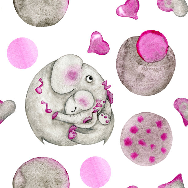 无缝模式。大象妈妈抱着宝宝，把宝宝放到床上，唱着摇篮曲。儿童水彩插画设计与题字印刷，墙纸，封面，横幅，邀请，祝贺图片下载