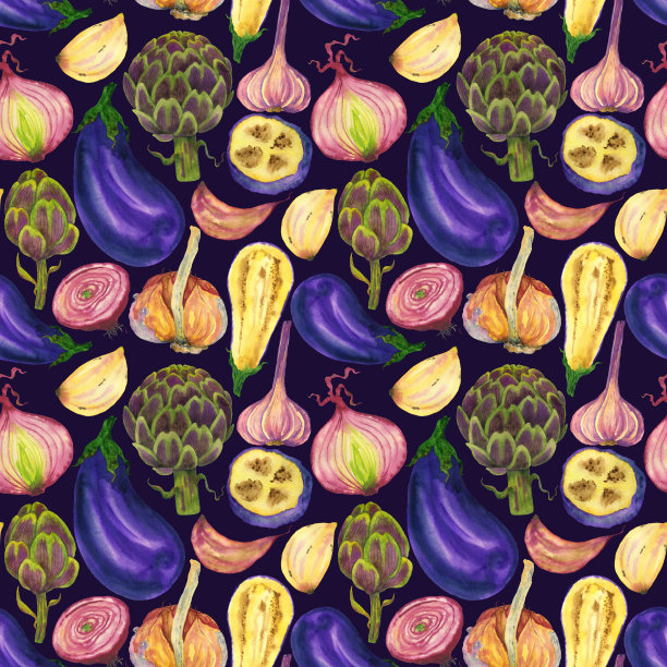 紫色的水彩蔬菜无尽的图案在紫色的背景。图片下载