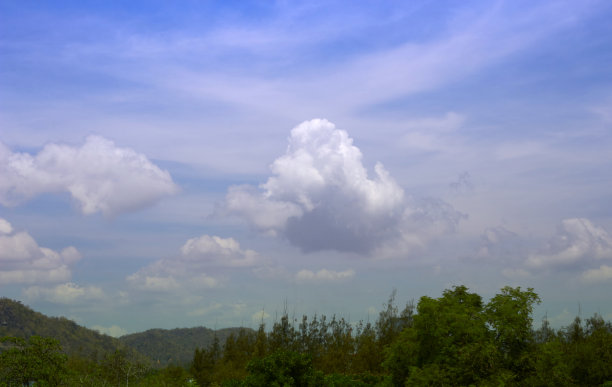 广阔的天空和云与尖端的树木，森林和山与副本的空间图片下载