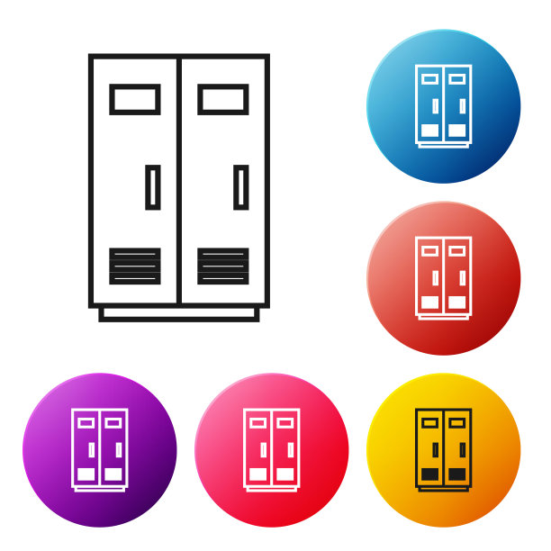 Black line Locker or changing room for football, basketball team or workers图标隔离在白色背景上。设置彩色圆形按钮图标。矢量图图片下载