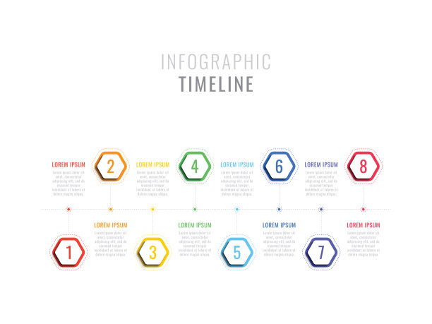 八个步骤信息图表时间轴与六角形元素。业务流程模板与宣传册，图表，工作流，时间线，网页设计选项图片下载