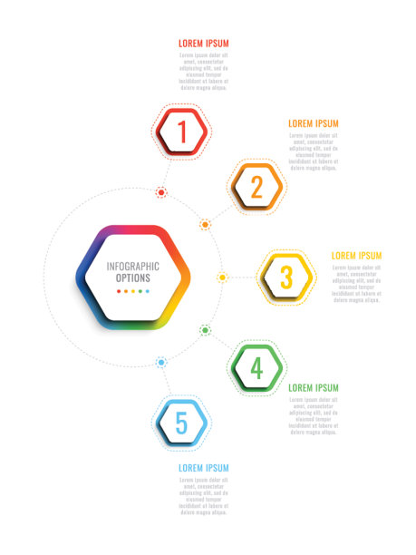 五步三维信息图表模板与六角形元素。业务流程模板与宣传册，图表，工作流，时间线，网页设计选项图片下载