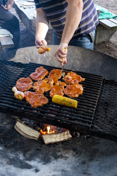 男人做饭，烤肉。男人的手在金属炉栅上翻动着一块块的肉。在篝火上烧烤。垂直的照片。图片下载