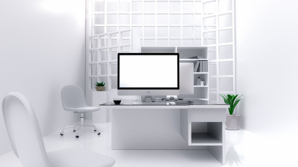 桌子上的电脑，办公桌白色图片下载