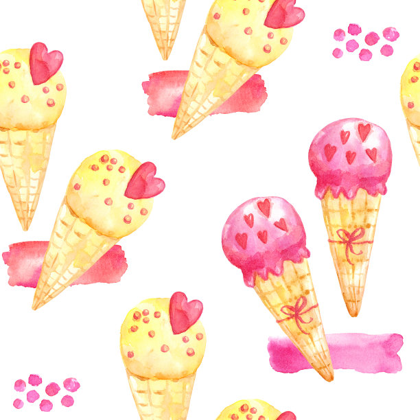 水彩无缝模式与粉红色冰淇淋孤立在白色背景。图片下载