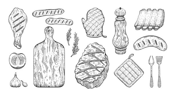 烧烤素描集。烧烤图形线元素。烧烤菜单:牛肉、猪肋排、鸡肉、香肠、番茄。夏日野餐派对的标志:手套，木板，磨坊。烹饪矢量插图，白色背景图片下载