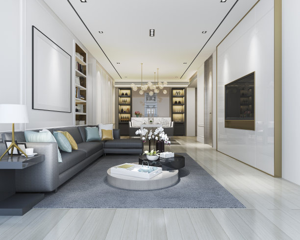 3d渲染阁楼豪华客厅与书架和餐厅图片下载