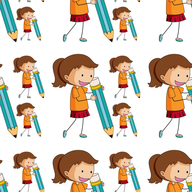 无缝图案瓷砖卡通与女孩拿着铅笔图片下载