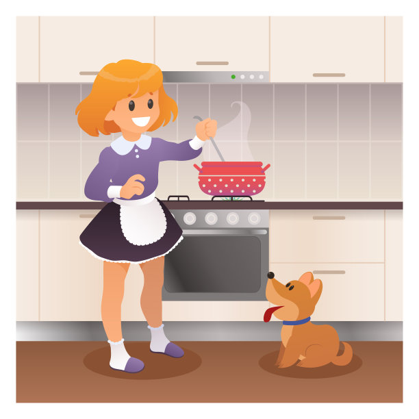 女孩和她的宠物狗一起做饭。孩子在家里的厨房准备食物的卡通矢量插图图片下载