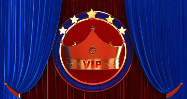 3D黄金贵宾带皇冠，皇家黄金贵宾皇冠以红蓝相间的绸缎为背景，皇冠贵宾带星星图片下载