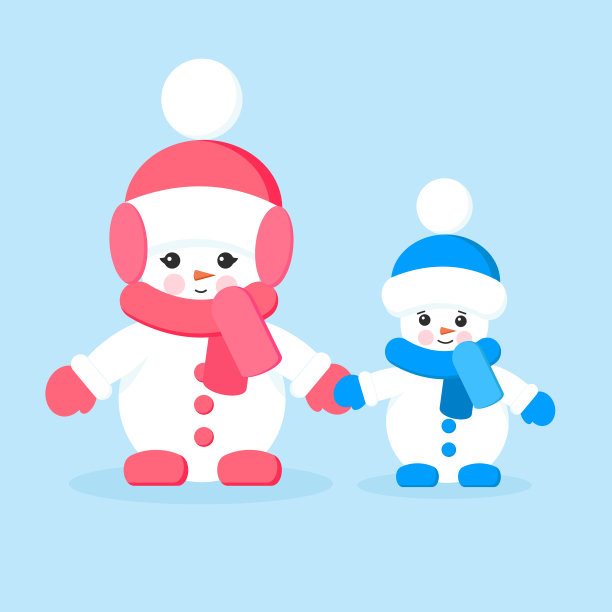 两个孤立的可爱的卡通雪人，姐姐和哥哥戴着围巾、手套和帽子。图片下载