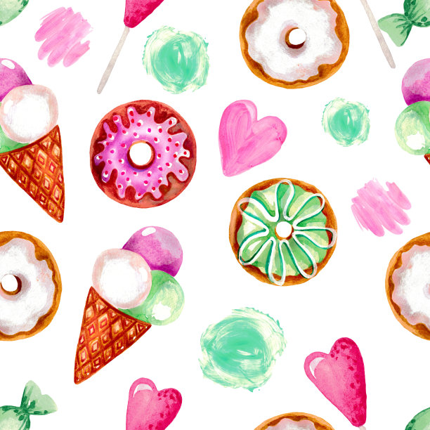 无缝图案水彩手绘甜甜甜圈和冰淇淋蛋筒印刷织物或剪贴簿图片下载