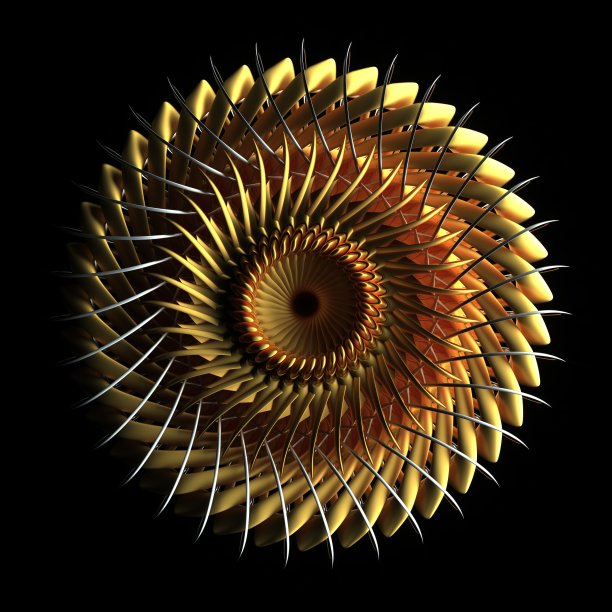 抽象抽象飞机涡轮发动机的3d渲染在哑光黄金材料和黑色的金属在黑色的背景图片下载