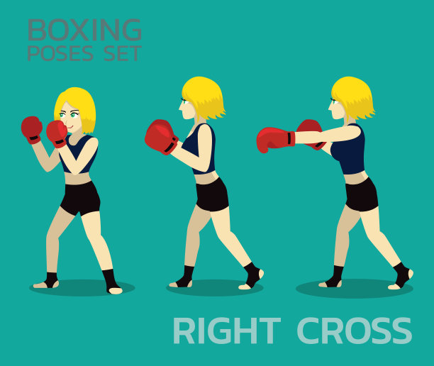 右交叉漫画拳击姿势设置卡通矢量插图图片下载