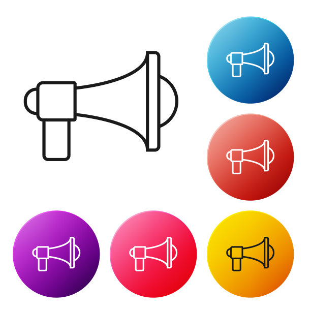 黑线扬声器图标孤立在白色背景。大声讲话警报概念。喉舌尖叫推广的扩音器。设置彩色圆形按钮图标。矢量图图片下载