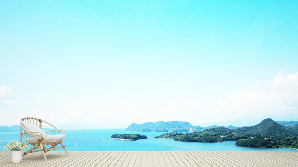 酒店木质露台上的扶手椅和白花带岛景和海景-木质阳台上的起居区带海景-度假或度假和夏季艺术品- 3D渲染图片下载