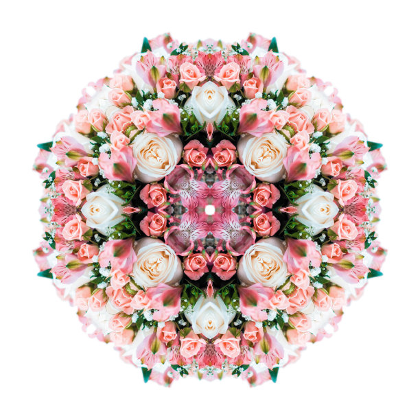 花束的玫瑰和兰花曼荼罗孤立在白色的背景。千变万化的效果。图片下载