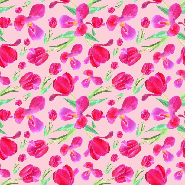 带叶子的粉红色郁金香。无缝模式。纹理印刷，织物，纺织品，壁纸。手绘水彩插图粉红色图片下载