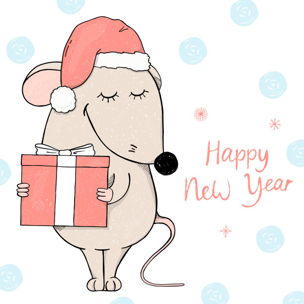 可爱的老鼠戴着圣诞帽，手里拿着礼物，微笑着。新年和圣诞节明信片。图片下载
