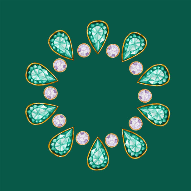 绿色祖母绿滴，紫色圆形水晶宝石与黄金元素框架。美丽的珠宝手镯。明亮的水彩绘制手镯与晶体边界上的绿色背景。图片下载