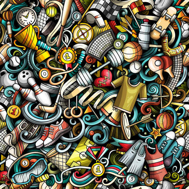 运动手绘涂鸦无缝图案。色彩丰富，细节丰富，有很多物体矢量背景图片下载