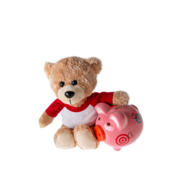 泰迪熊与储蓄罐隔离在白色背景，存钱的概念图片下载