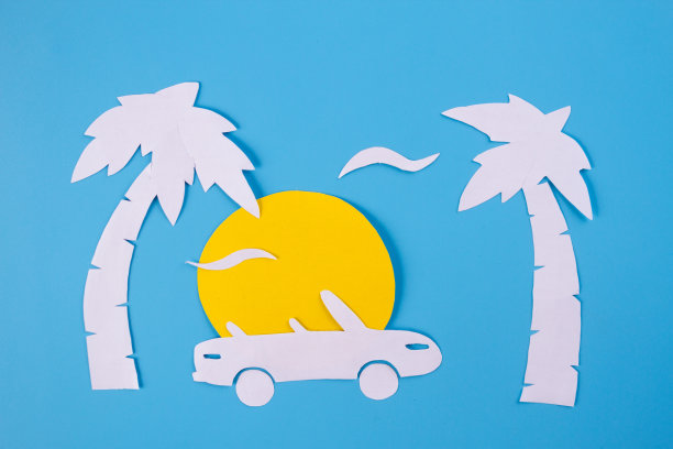 沙滩上敞篷车的纸画图片下载