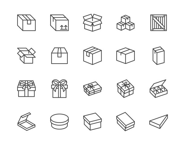 盒子扁平线条图标集：纸箱、木箱、产品包装、礼品矢量素材插图。适用于快递服务的简单轮廓标志。像素完美64x64。可编辑笔画图片下载