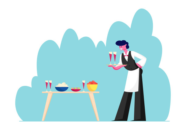 穿着制服和围裙的年轻男服务员端着托盘，托盘上有几只盛着红酒的杯子，把它们和不同的菜放在一起。餐厅或酒吧员工卡通平面矢量插图图片下载