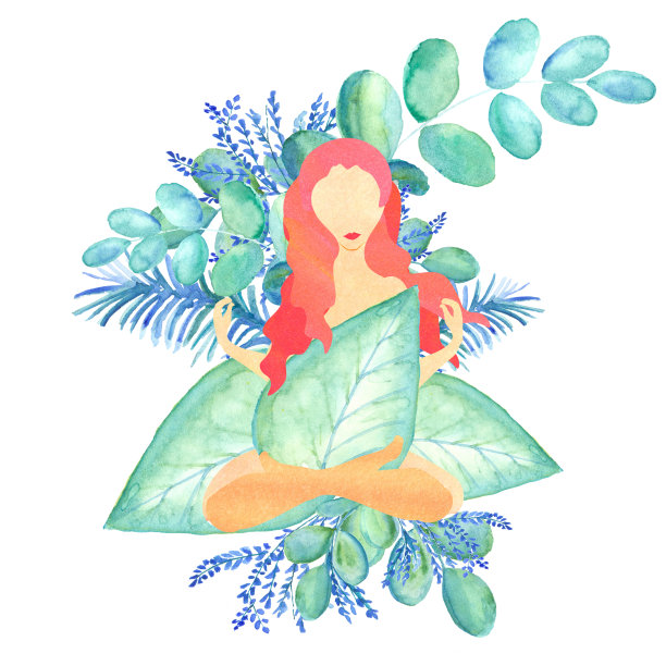 抽象的形象美丽的女人与红头发坐在蓝色的树叶孤立在白色的背景图片下载
