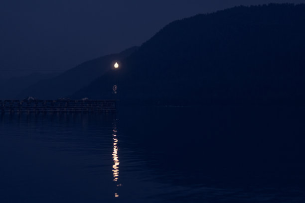 夜晚，湖边的码头上挂着寂寞的灯笼图片下载